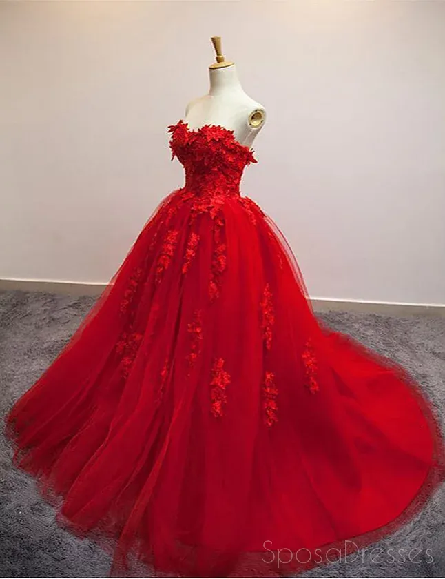 Bright Red Ball Gown Lace Cheap Long Evening Prom Dresses, Cheap Custom Sweet 16 Dresses, 18520