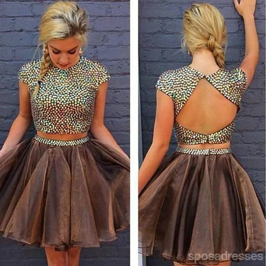 Brown Two Pieces Cap Sleeve Beaded Short Cheap Homecoming Dresses Online, CM583