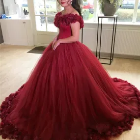 Burgundy Flower V-neck Tulle Ball Gowns Quinceanera Dresses