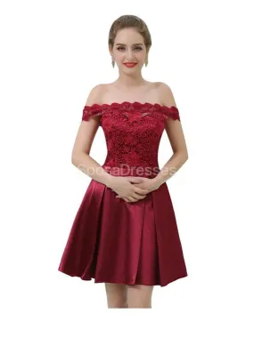 Burgundy Lace Off Shoulder Cheap Homecoming Dresses Online, Cheap Short Prom Dresses, CM813