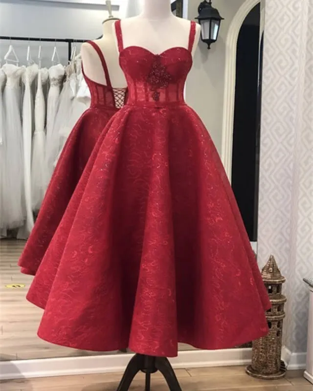 Burgundy Lace Sweetheart Corset Midi Ball Gown