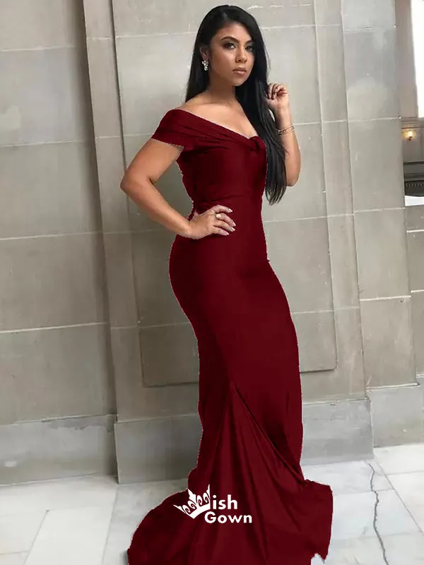 Burgundy Mermaid Off Shoulder Floor length Wedding Guest Bridesmaid Dresses, WGM112