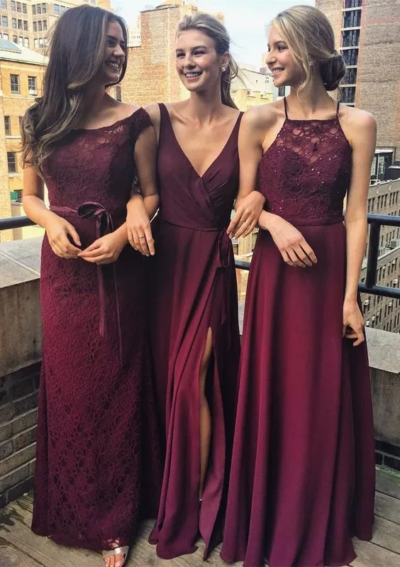 Burgundy Mismatched Charming Affordable Lace Long Bridesmaid Dresses, WG431