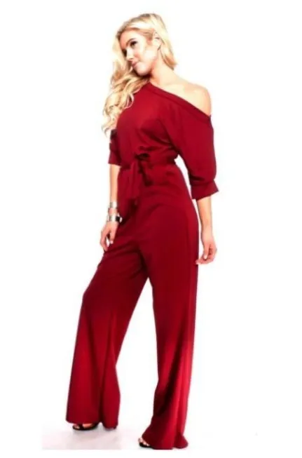 Burgundy One Shoulder Belted Jumpsuit