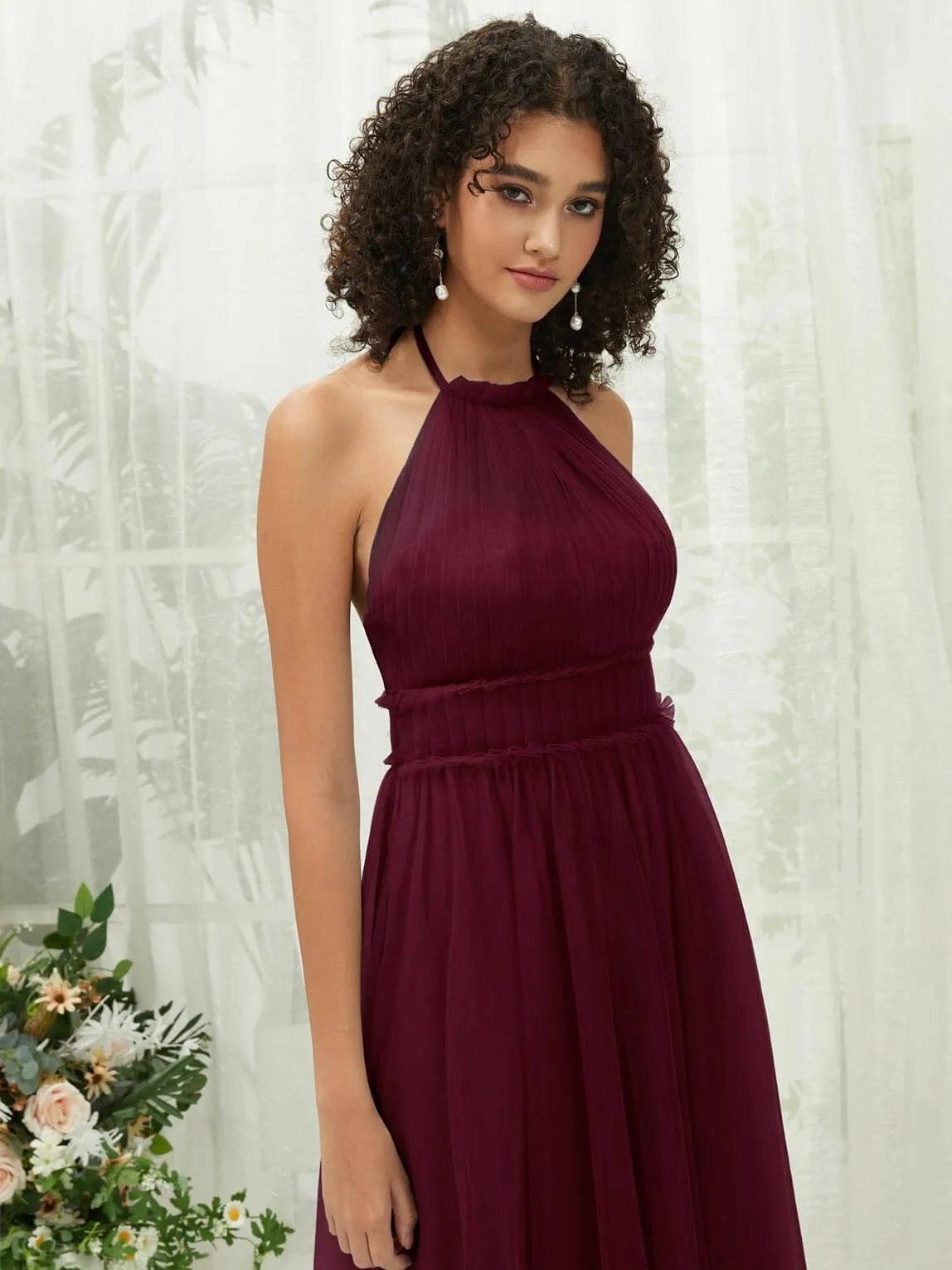 Burgundy Tulle Halter Neck Floor Length Bridesmaid Dress With Pocket