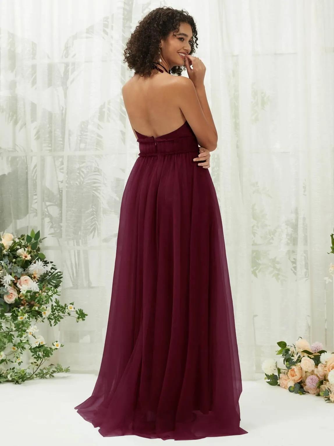 Burgundy Tulle Halter Neck Floor Length Bridesmaid Dress With Pocket