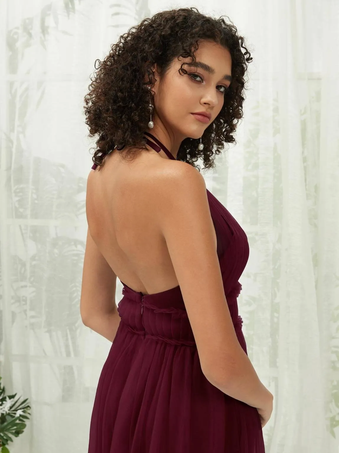 Burgundy Tulle Halter Neck Floor Length Bridesmaid Dress With Pocket