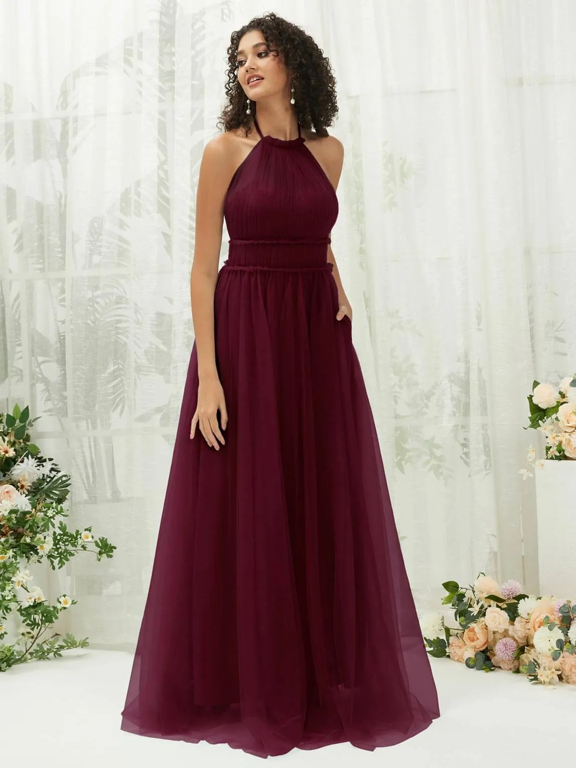 Burgundy Tulle Halter Neck Floor Length Bridesmaid Dress With Pocket