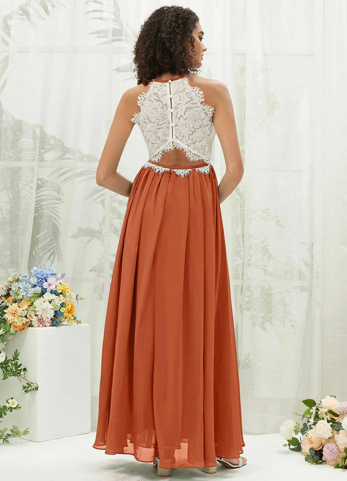 Burnt Orange Lace Halter Neck Backless Chiffon Slit Bridesmaid Dress