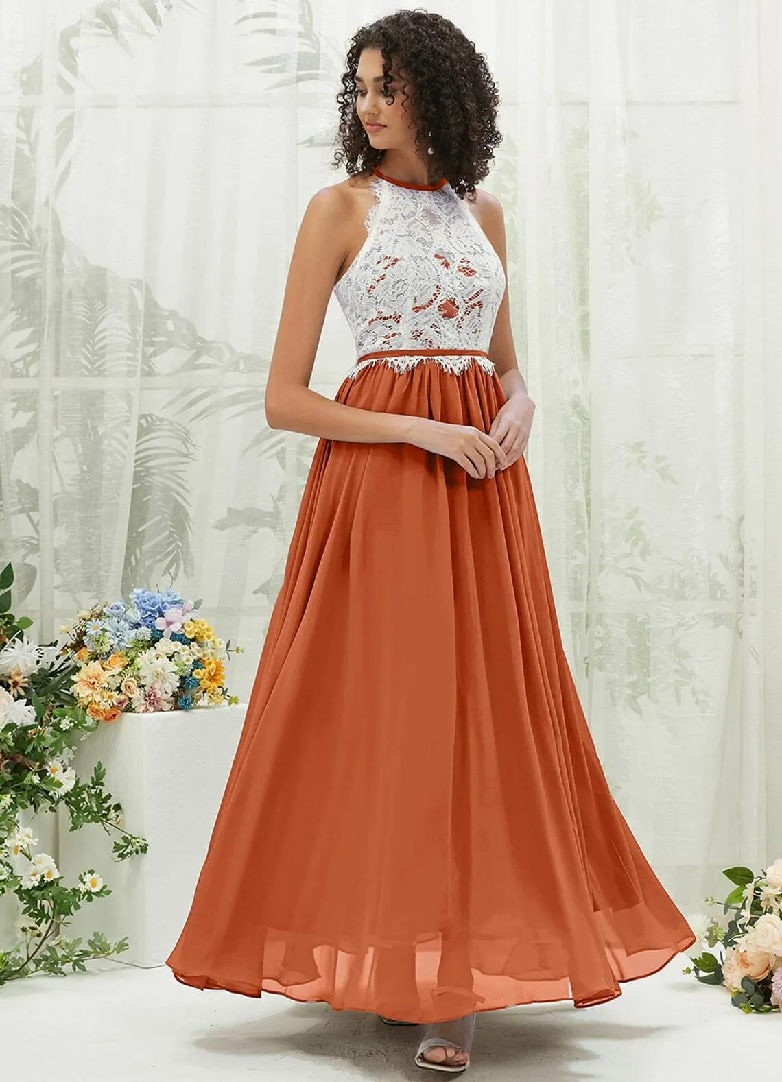 Burnt Orange Lace Halter Neck Backless Chiffon Slit Bridesmaid Dress