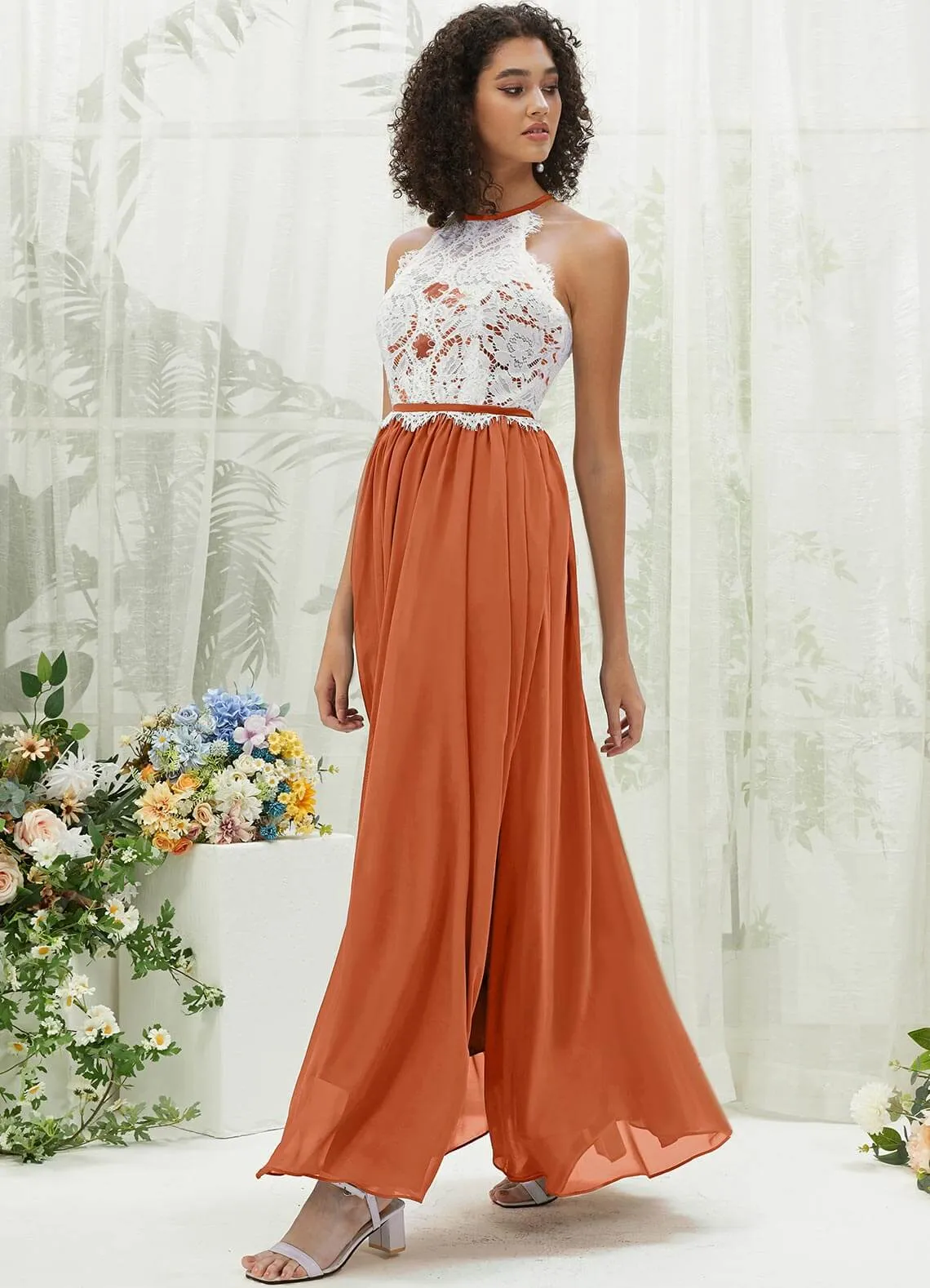 Burnt Orange Lace Halter Neck Backless Chiffon Slit Bridesmaid Dress