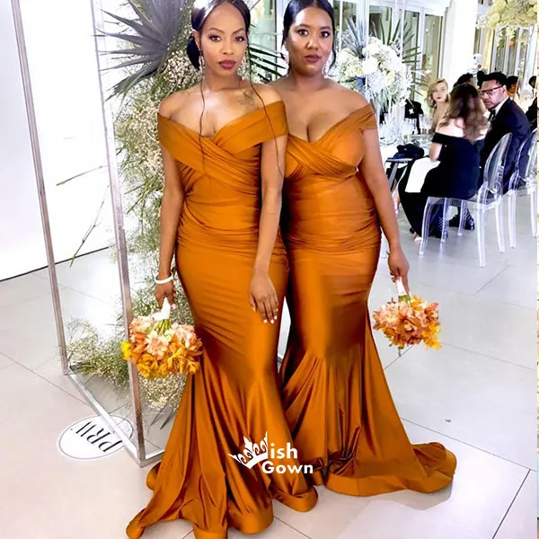 Burnt Orange Mermaid Side Split Off Shoulder Satin Wedding Guest Bridesmaid Dresses, WGM033