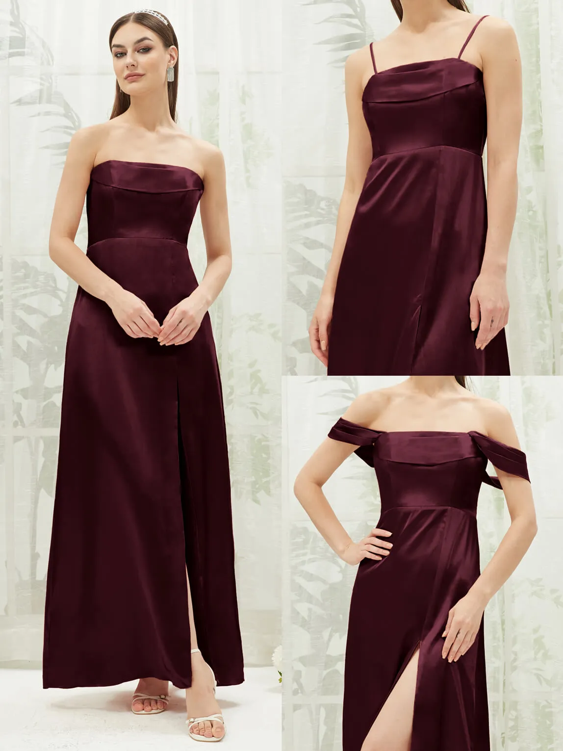 Cabernet Satin Convertible Slit Floor Length  Bridesmaid Dresses