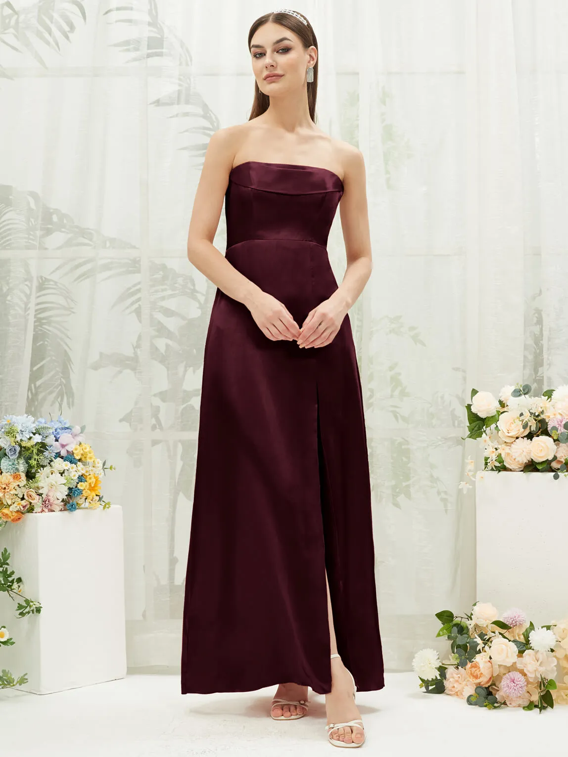 Cabernet Satin Convertible Slit Floor Length  Bridesmaid Dresses