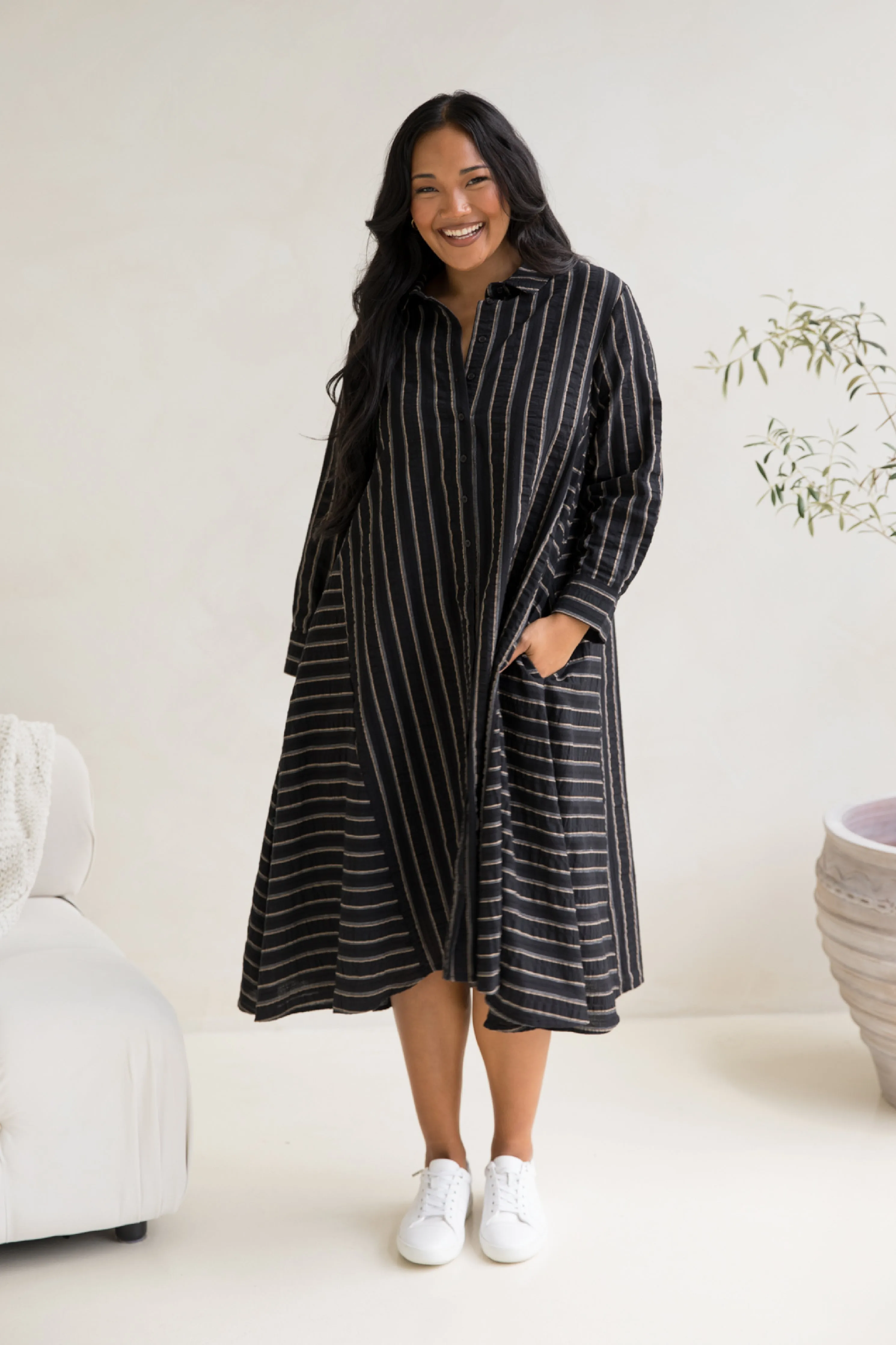 Cadillia Dress in Black/Beige Stripe