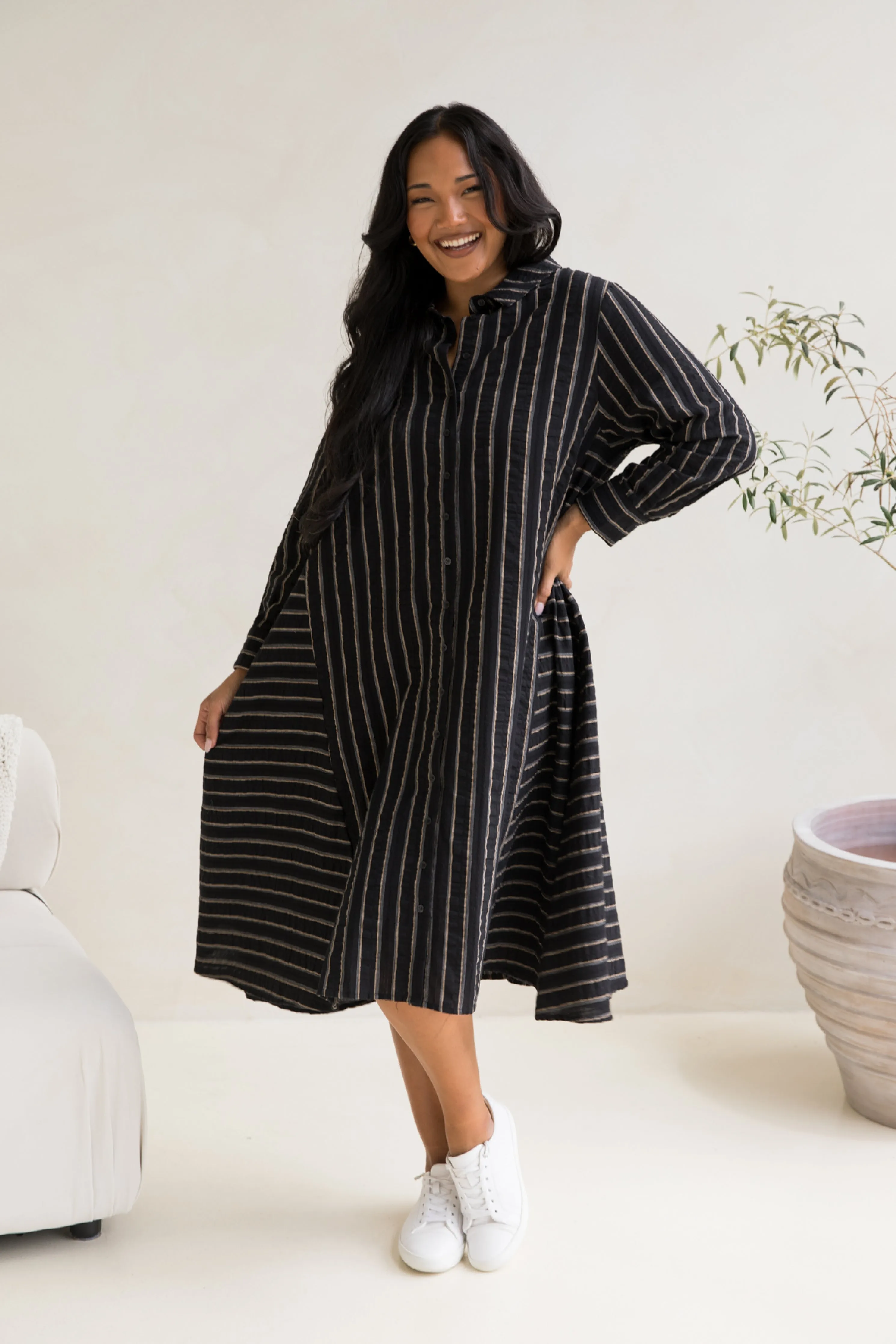 Cadillia Dress in Black/Beige Stripe