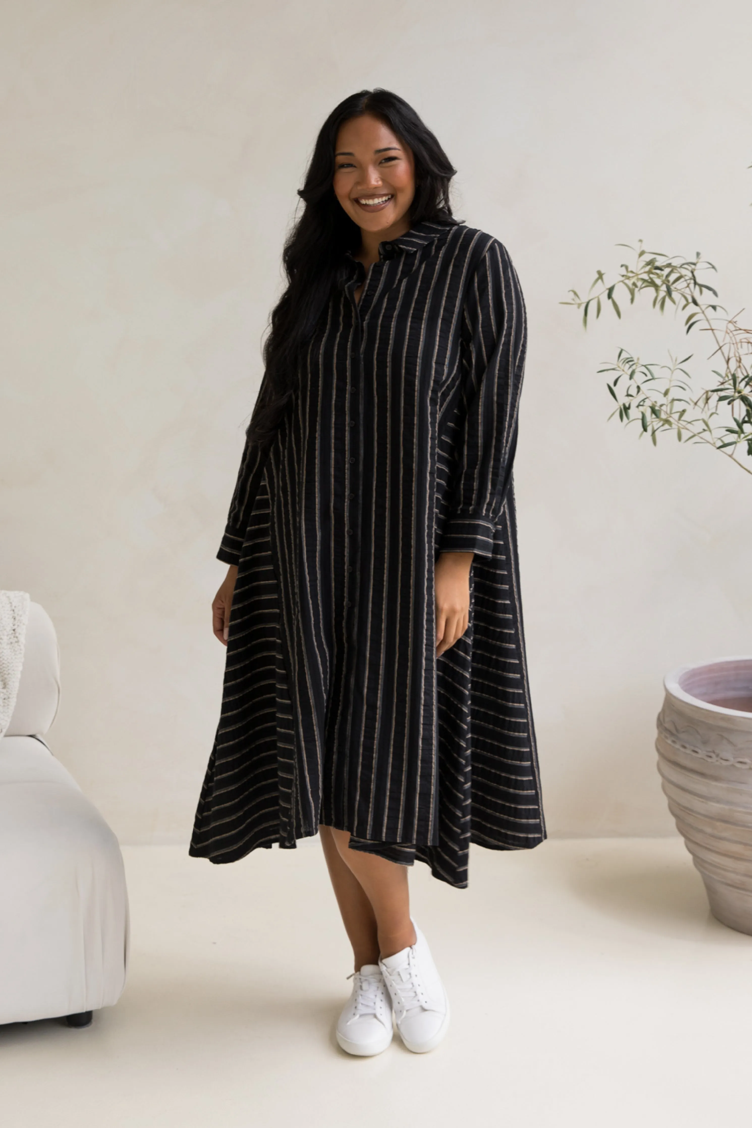 Cadillia Dress in Black/Beige Stripe