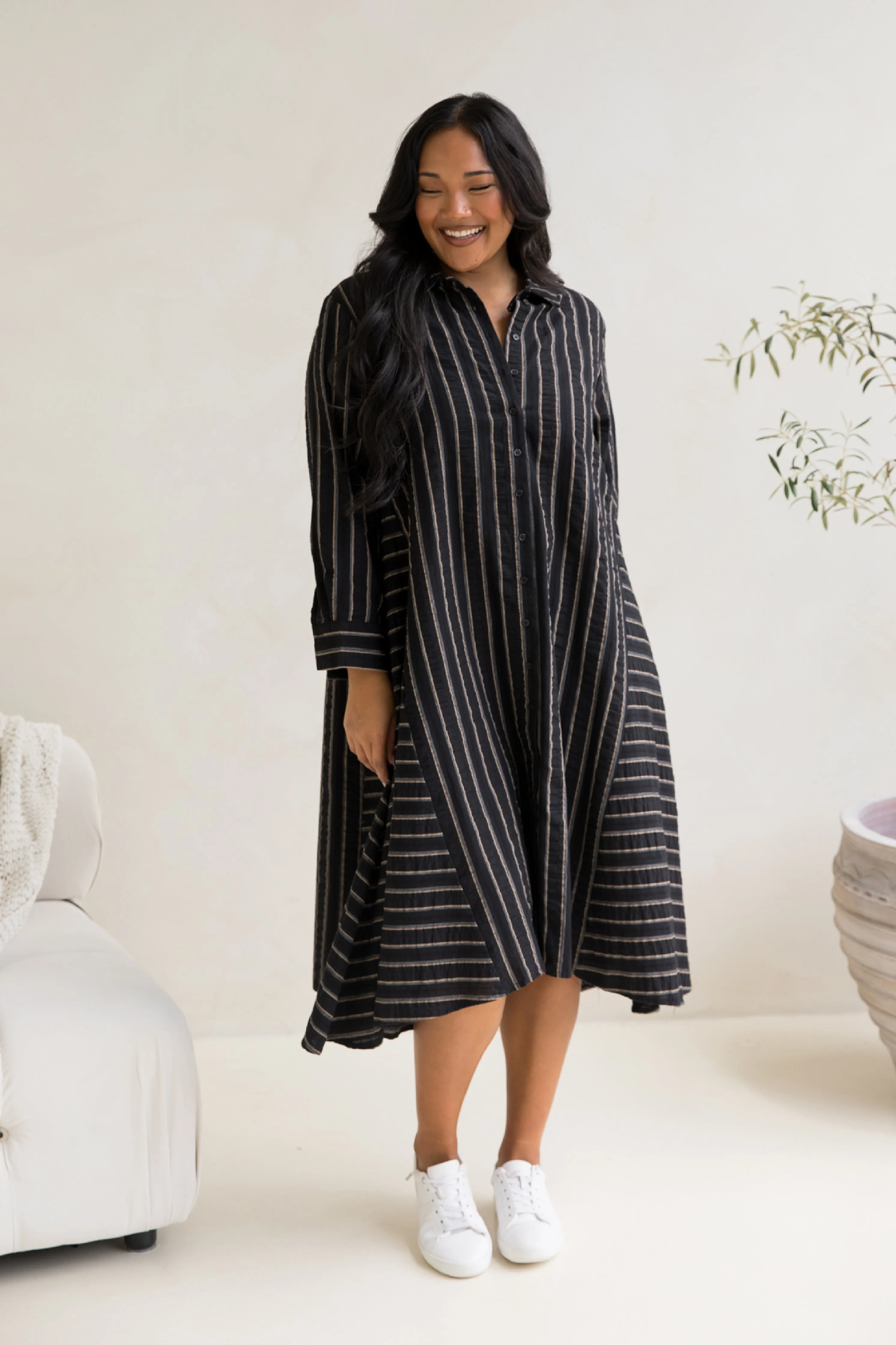 Cadillia Dress in Black/Beige Stripe