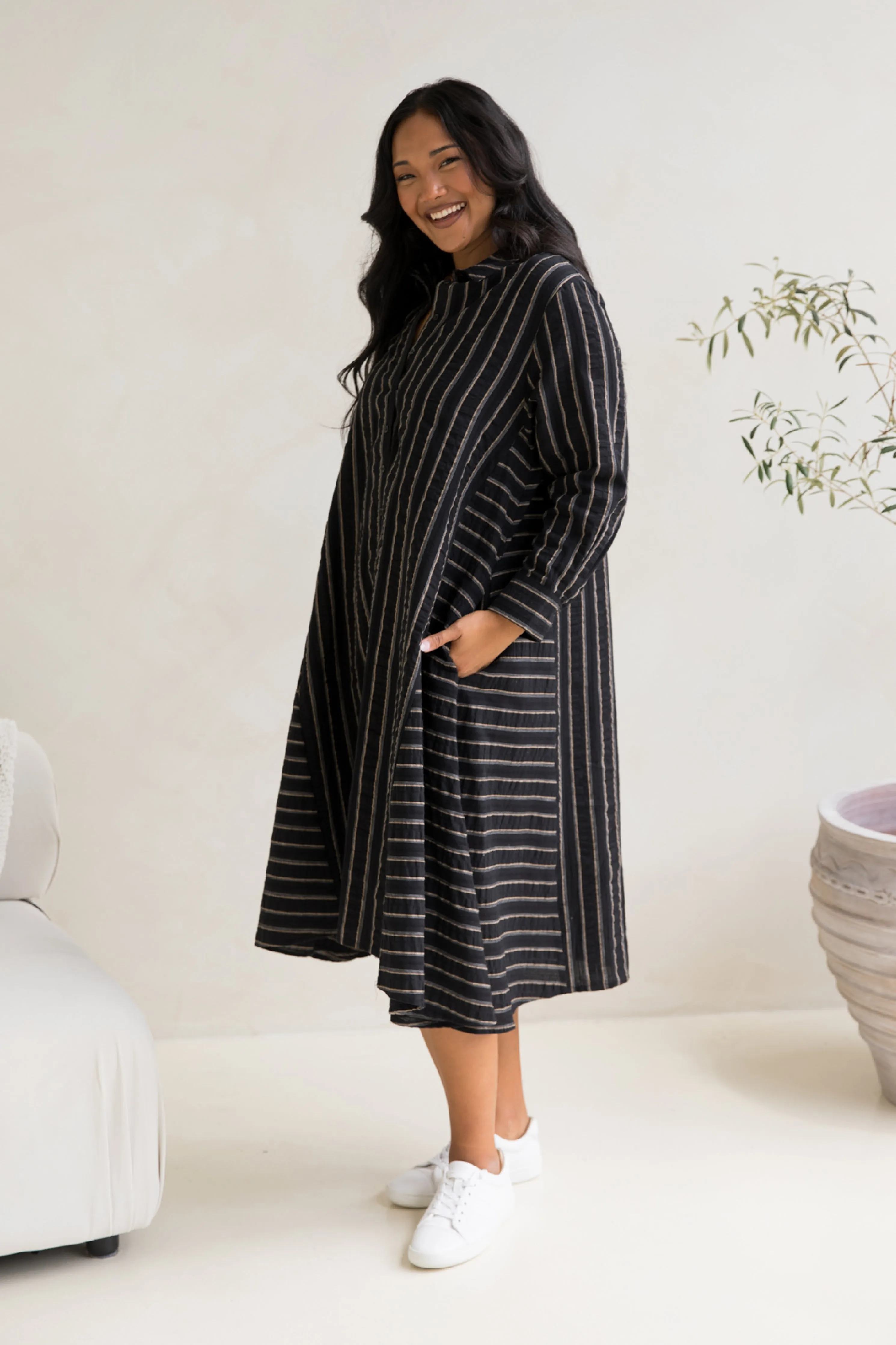 Cadillia Dress in Black/Beige Stripe