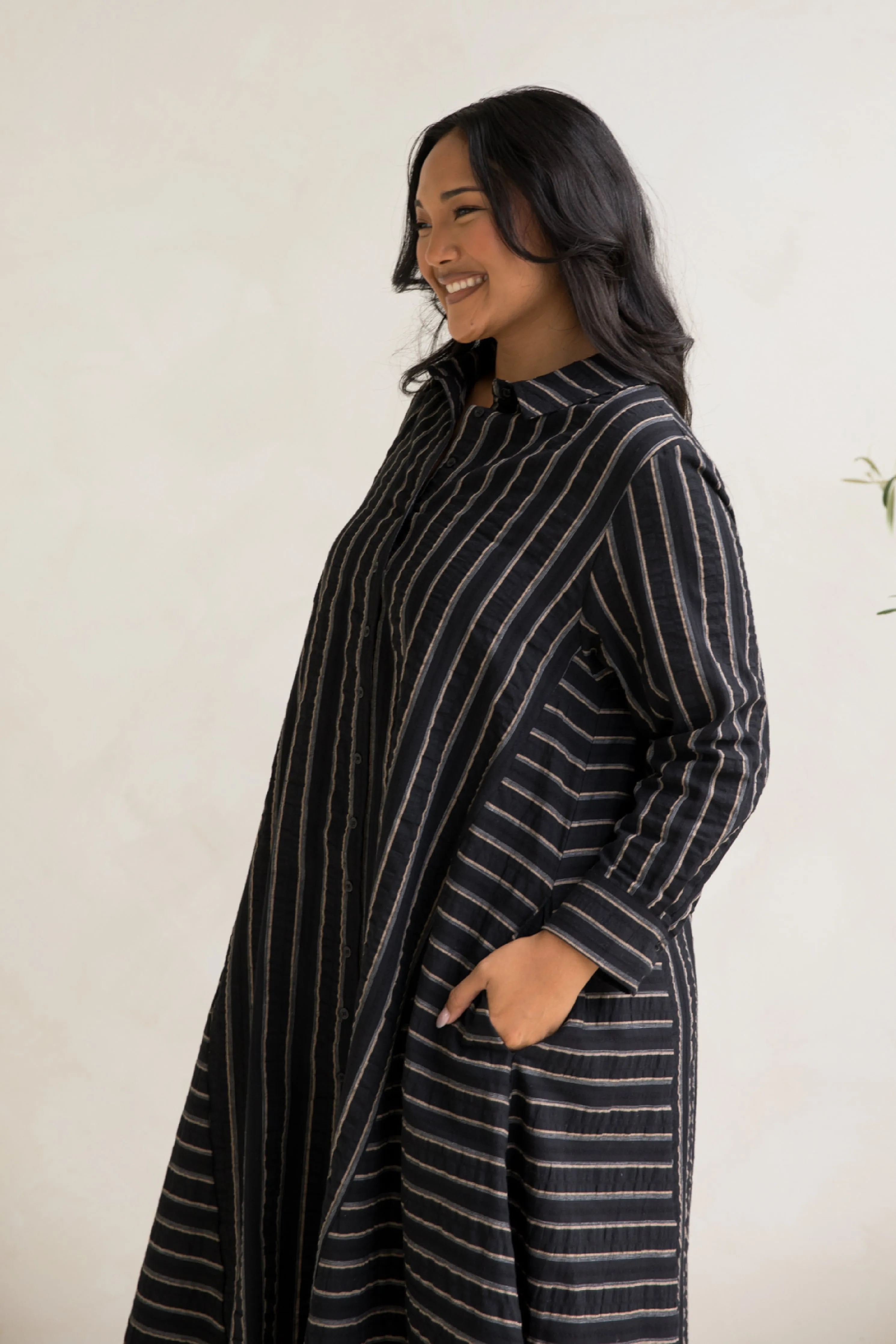 Cadillia Dress in Black/Beige Stripe