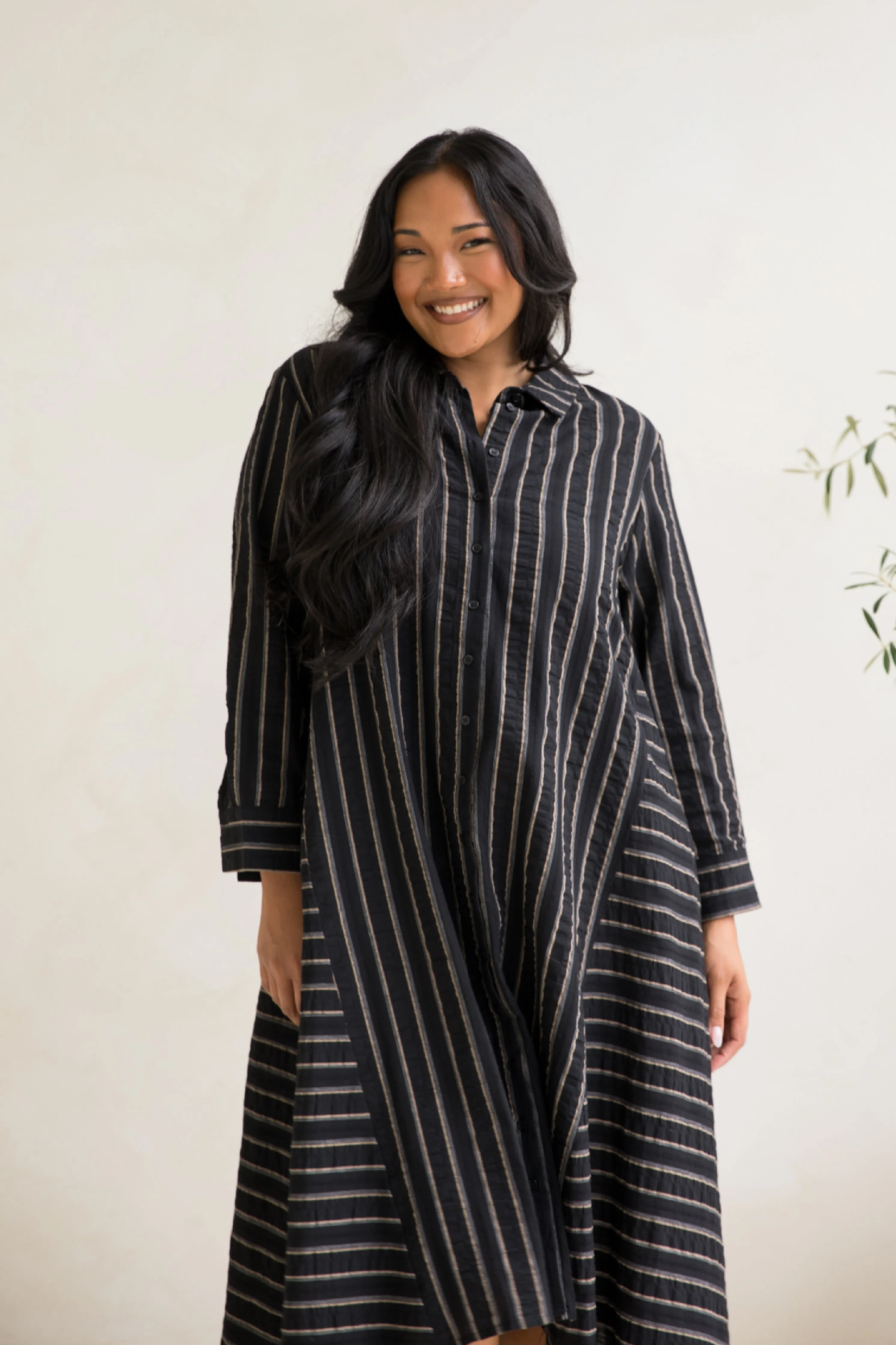 Cadillia Dress in Black/Beige Stripe