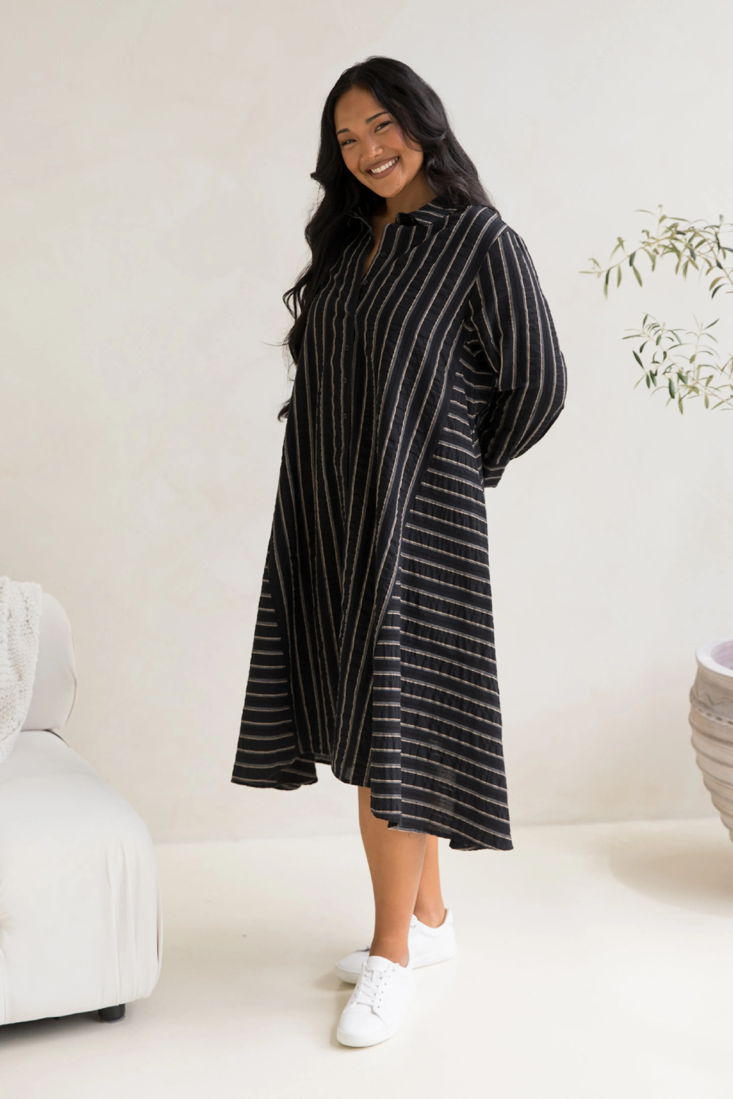 Cadillia Dress in Black/Beige Stripe