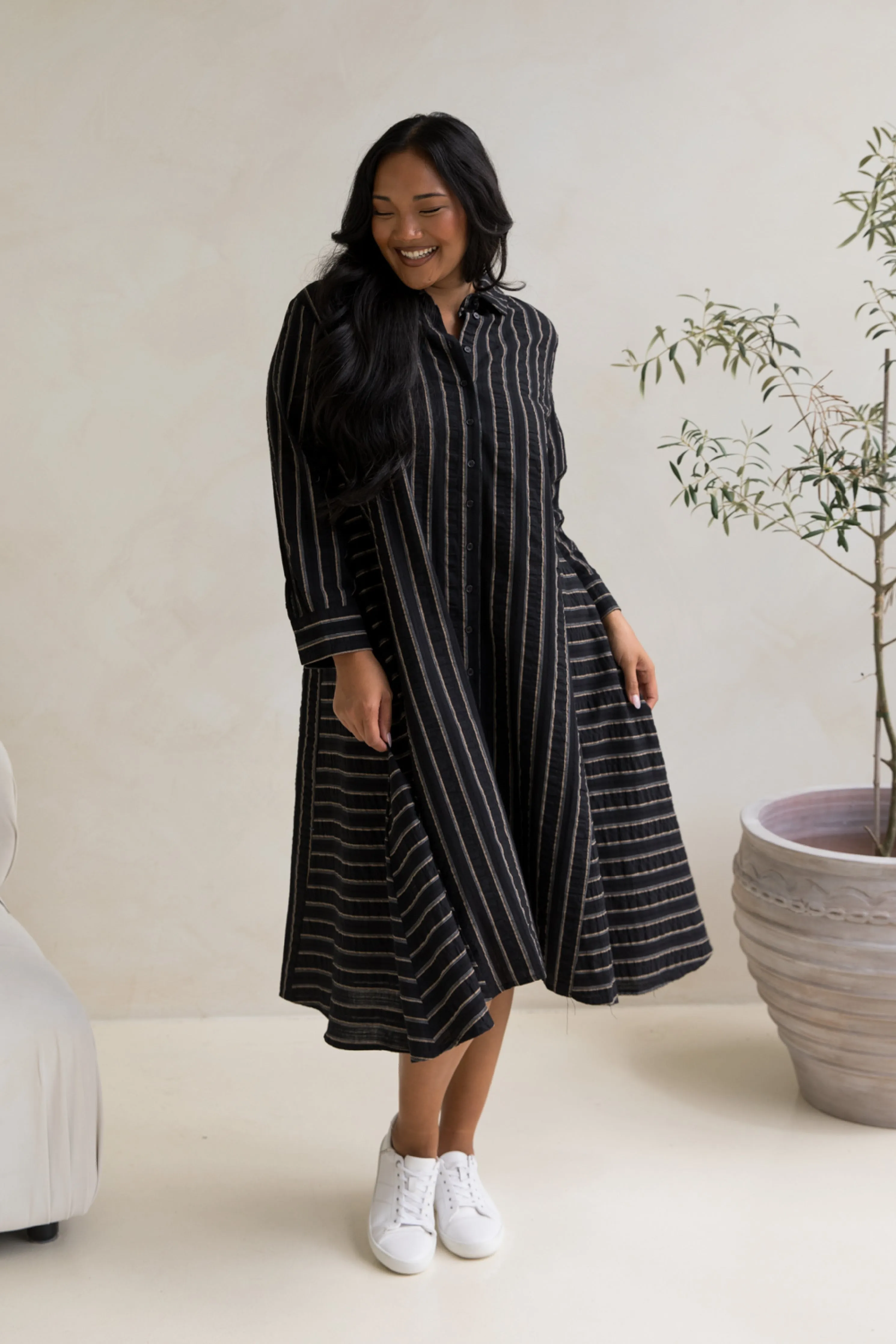 Cadillia Dress in Black/Beige Stripe