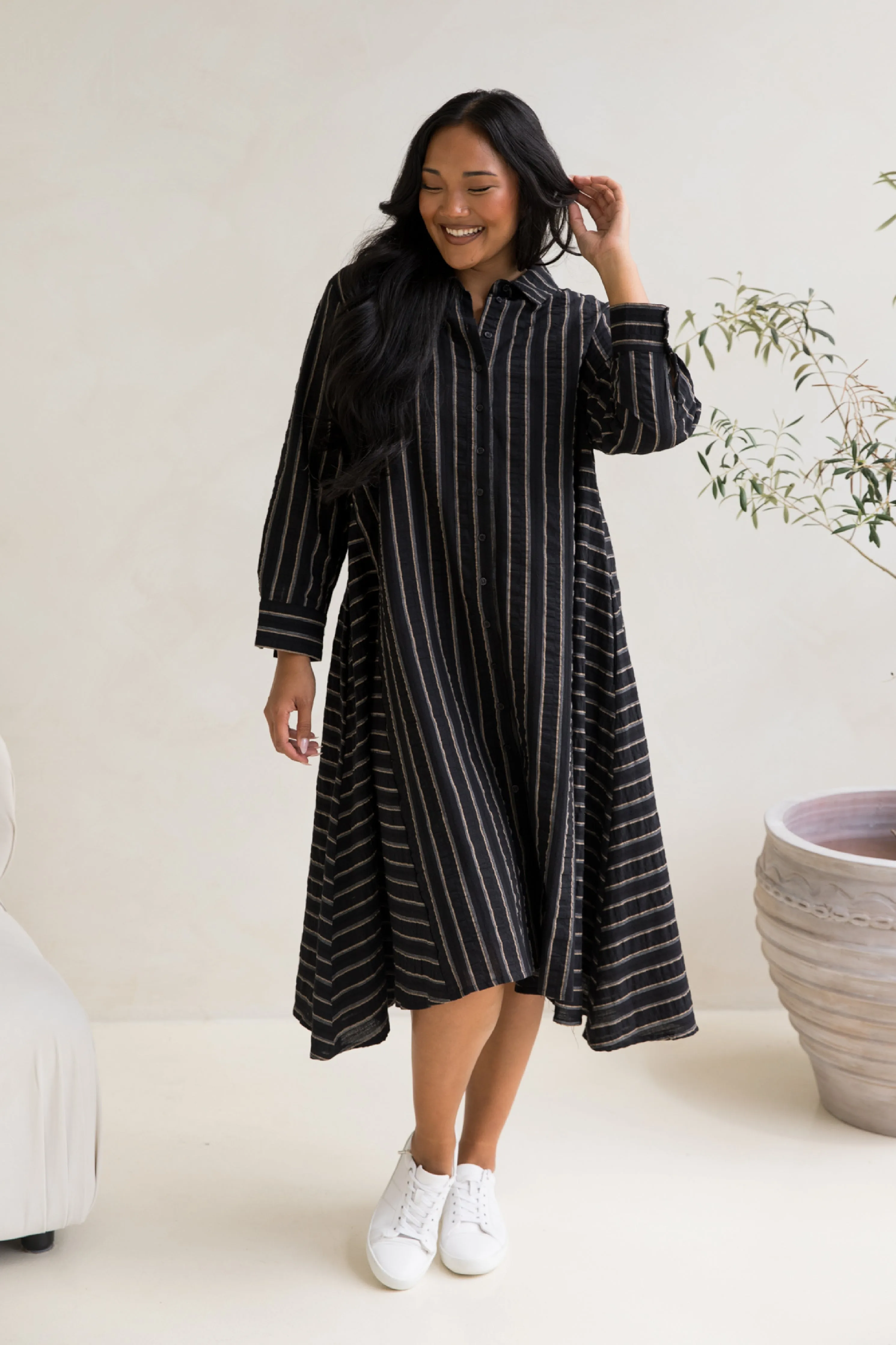 Cadillia Dress in Black/Beige Stripe