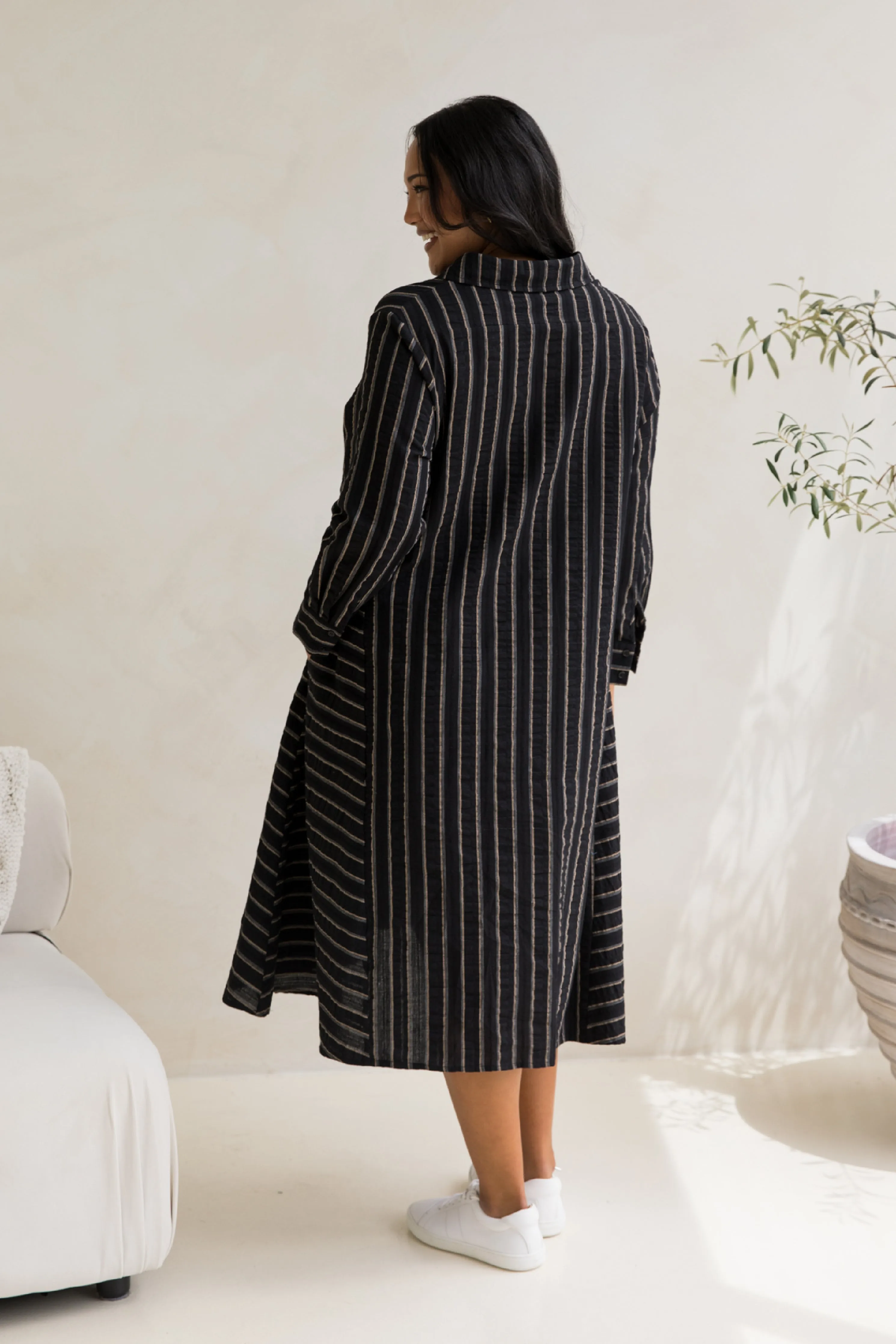 Cadillia Dress in Black/Beige Stripe