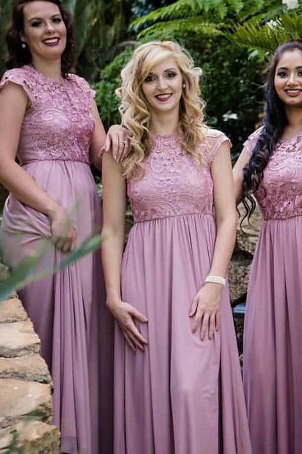 Cap Sleeve Illusion Lace Pink Long Cheap Bridesmaid Dresses Online, WGY0239