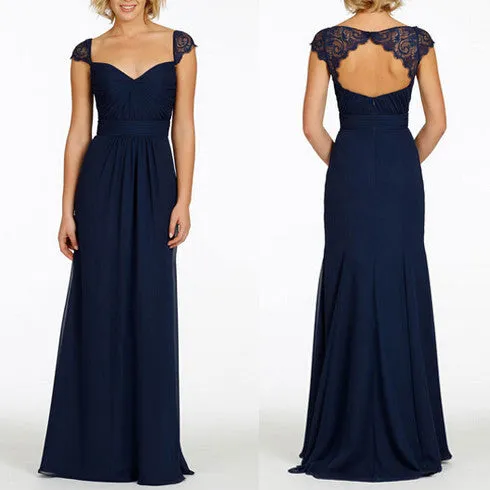 Cap Sleeve Open Back Lace Sweet Heart Chiffon Navy Blue Formal Cheap Bridesmaid Dresses, WG43