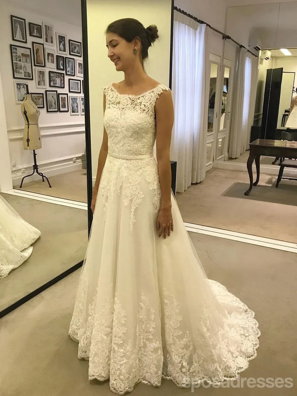 Cap Sleeves A line Bateau Lace A line Cheap Wedding Dresses Online, Cheap Lace Bridal Dresses, WD458