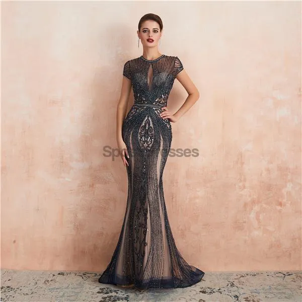 Cap Sleeves Heavily Beaded Mermaid Evening Prom Dresses, Evening Party Prom Dresses, 12134