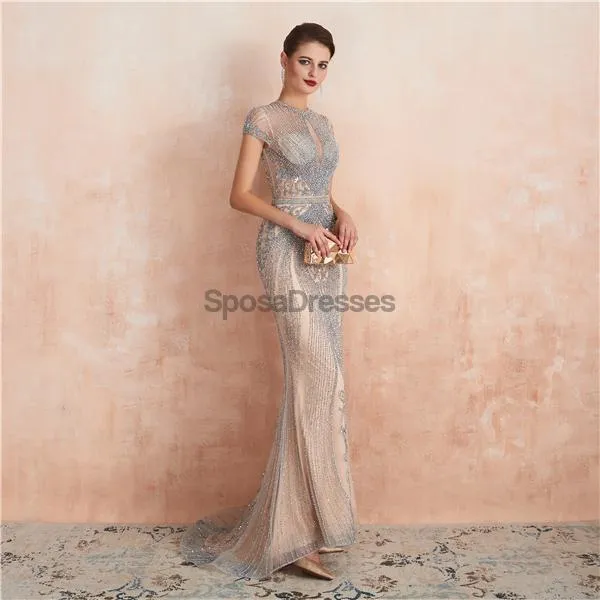 Cap Sleeves Heavily Beaded Mermaid Evening Prom Dresses, Evening Party Prom Dresses, 12134