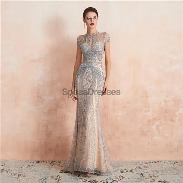 Cap Sleeves Heavily Beaded Mermaid Evening Prom Dresses, Evening Party Prom Dresses, 12134