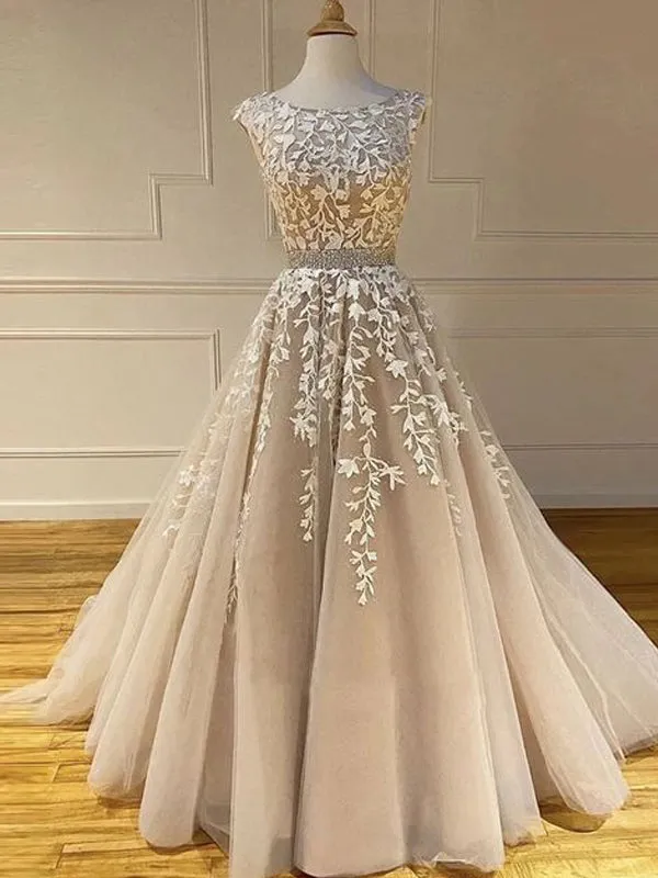 Cap Sleeves Lace Applique A-line Evening Prom Dresses, Evening Party Prom Dresses, PDS0076