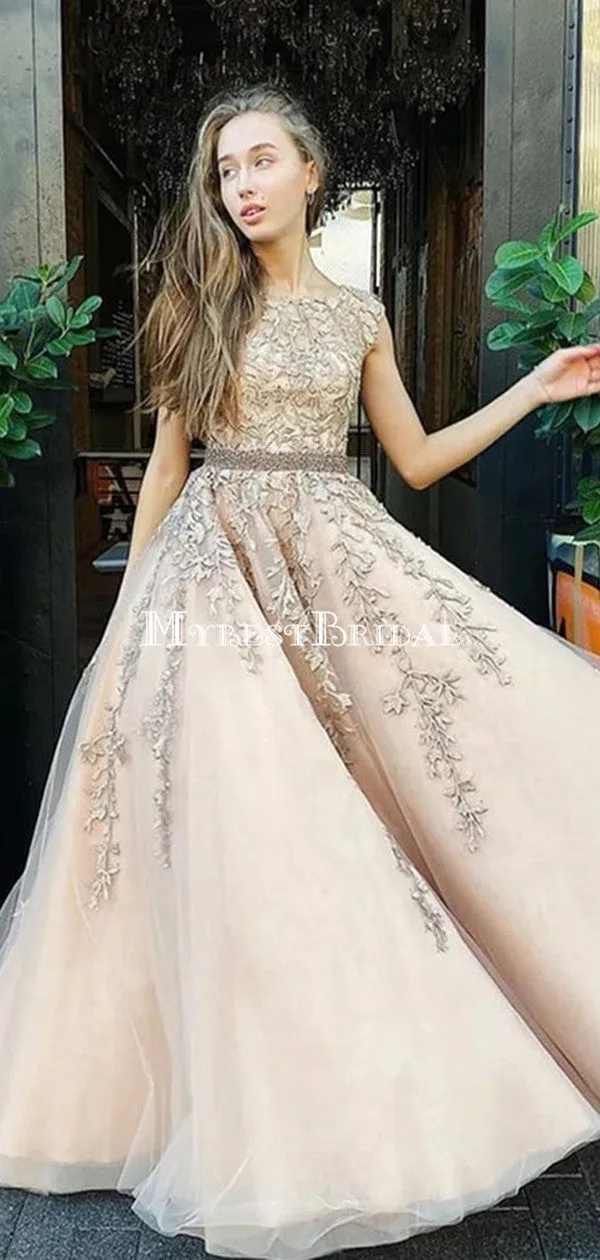 Cap Sleeves Lace Applique A-line Evening Prom Dresses, Evening Party Prom Dresses, PDS0076