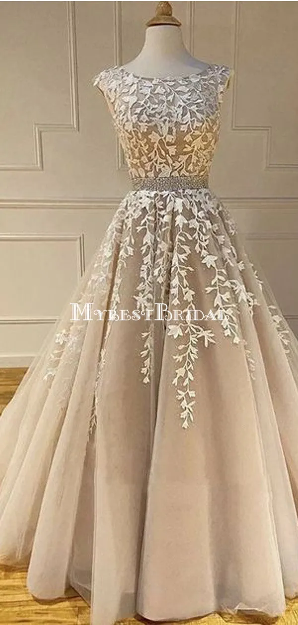 Cap Sleeves Lace Applique A-line Evening Prom Dresses, Evening Party Prom Dresses, PDS0076