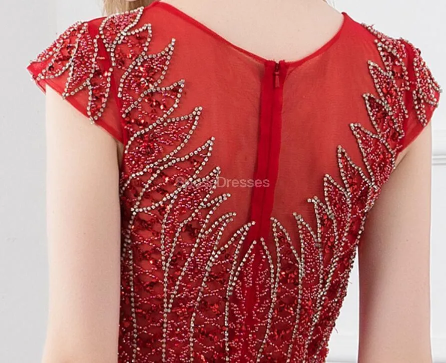 Cap Sleeves Red Beaded Long Evening Prom Dresses, Evening Party Prom Dresses, 12291