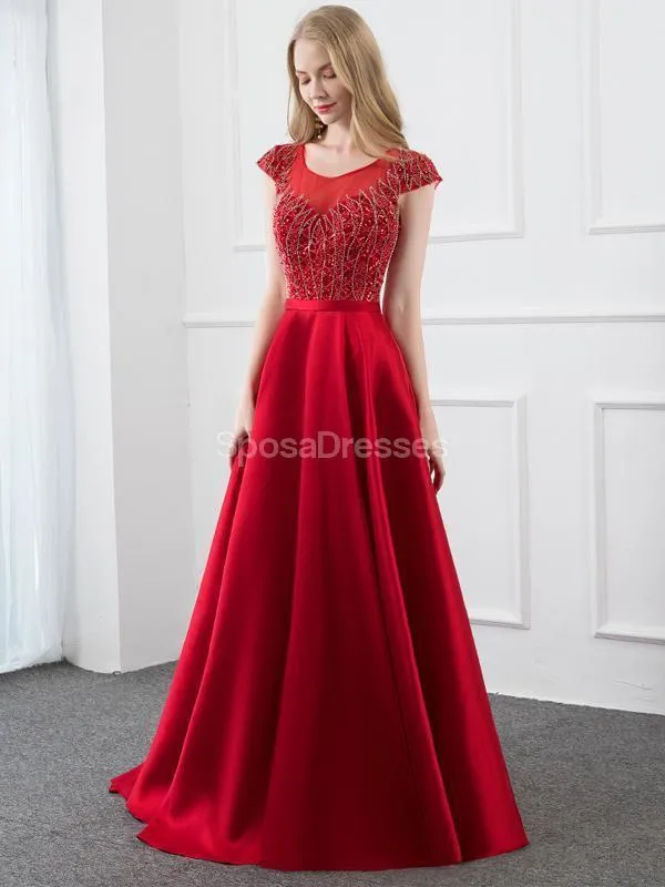 Cap Sleeves Red Beaded Long Evening Prom Dresses, Evening Party Prom Dresses, 12291