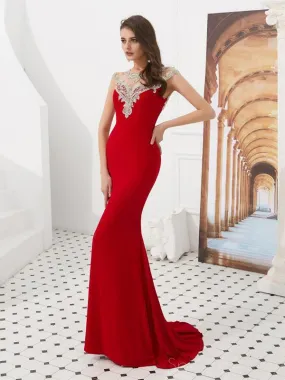 Cap Sleeves Red Beaded Mermaid Evening Prom Dresses, Evening Party Prom Dresses, 12086