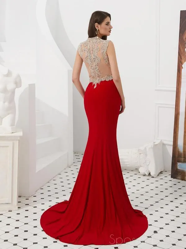 Cap Sleeves Red Beaded Mermaid See Through Evening Prom Dresses, Evening Party Prom Dresses, 12087