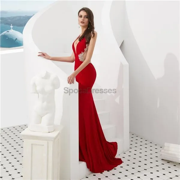 Cap Sleeves Red Beaded Mermaid See Through Evening Prom Dresses, Evening Party Prom Dresses, 12087