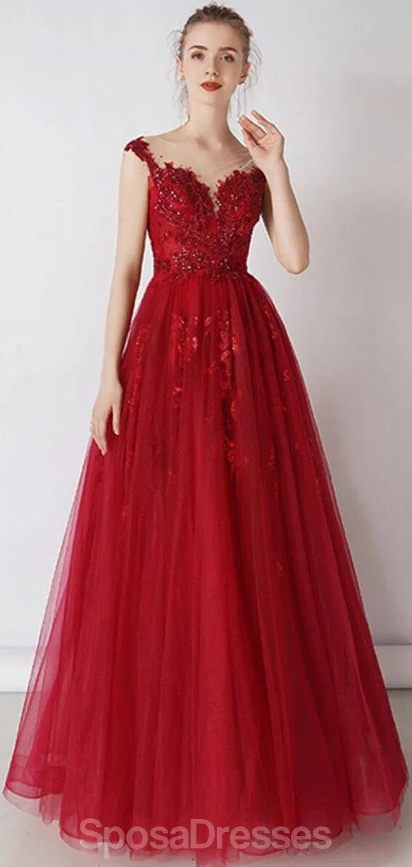 Cap Sleeves Red Beaded Sequin A-line Long Evening Prom Dresses, Evening Party Prom Dresses, 12326