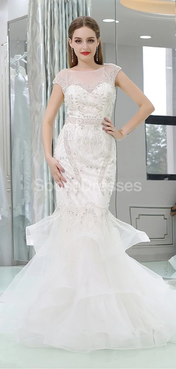 Cap Sleeves Rhinestone Mermaid Wedding Dresses Online, Unique Bridal Dresses, WD583