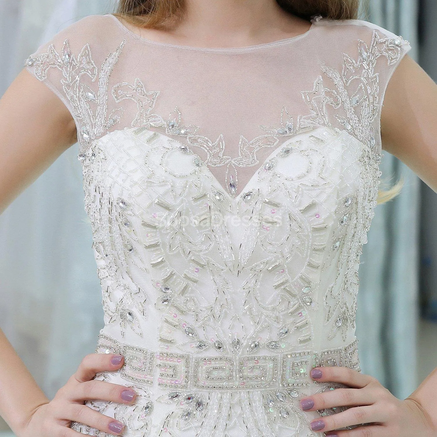 Cap Sleeves Rhinestone Mermaid Wedding Dresses Online, Unique Bridal Dresses, WD583