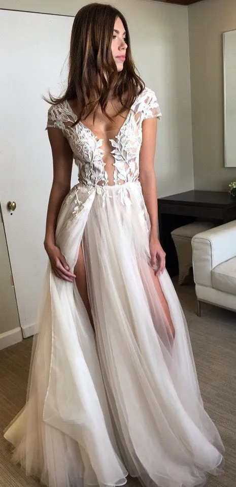 Cap Sleeves Seen Through Deep V Neck Sexy Split Long Prom Wedding Dresses, WG657