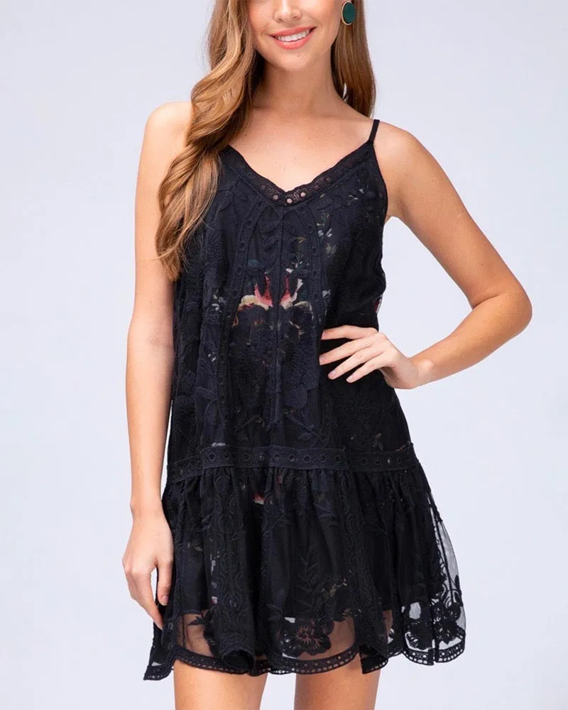 Care About You V-neck Lace and Floral Print Dress in Black