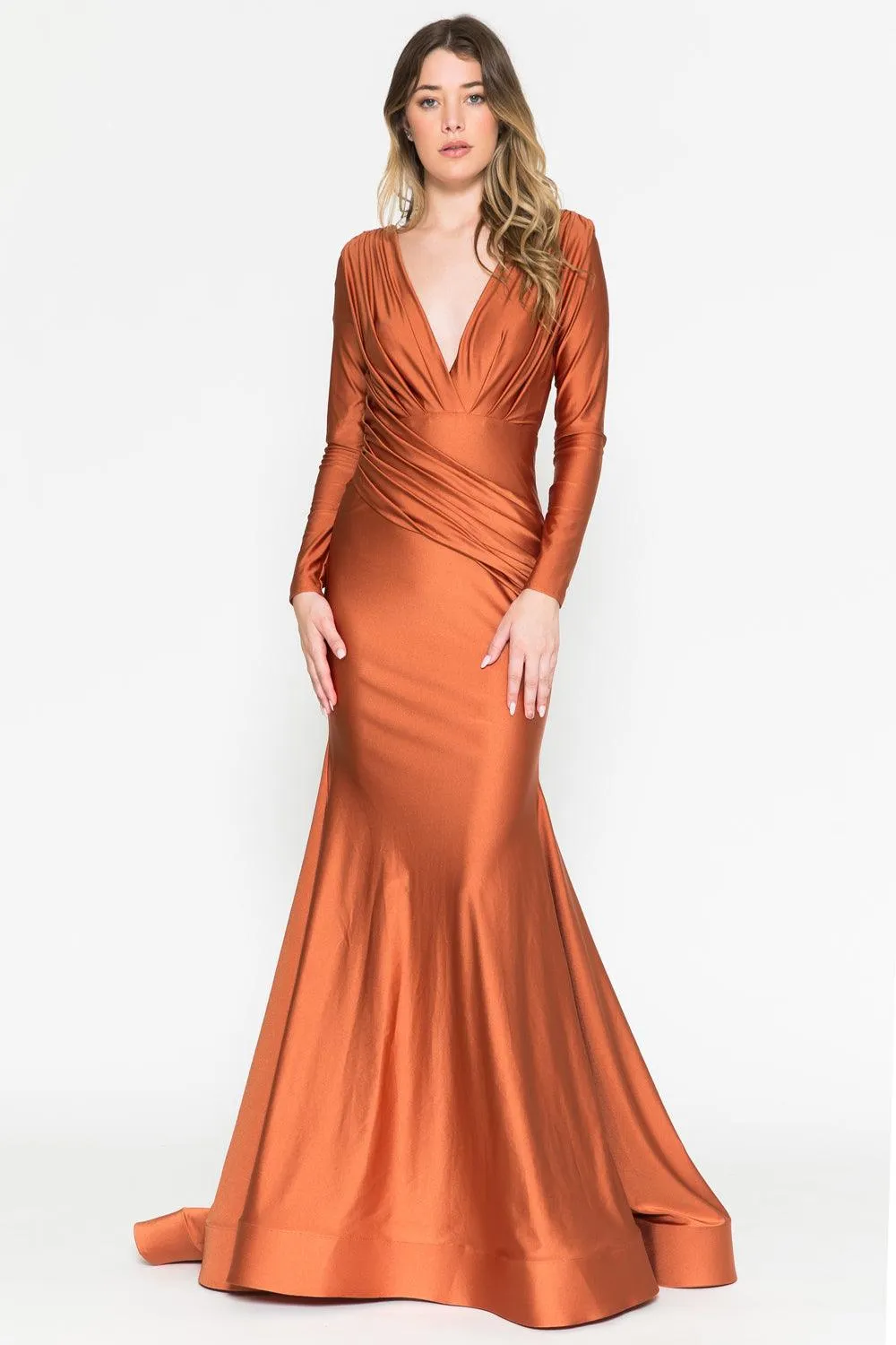 CASSIE V-Neck Longsleeve Ruched Pleated Waist Bridesmaid Dress with Train - Rust / Burnt Orange