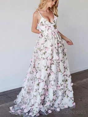 Casual A line Handmade Flower Long Evening Prom Dresses,  Cheap Long Prom Dresses, 17252